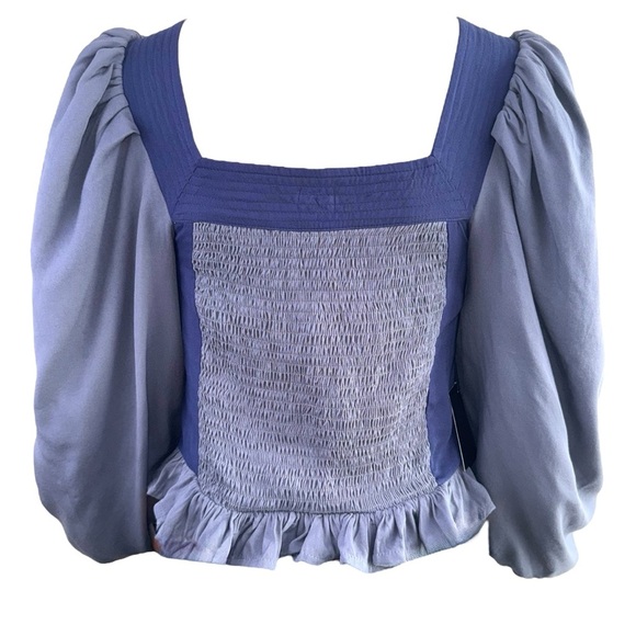 Area Stars Navy Ruffled Puff Sleeve Cropped Blouse - Picture 2 of 8